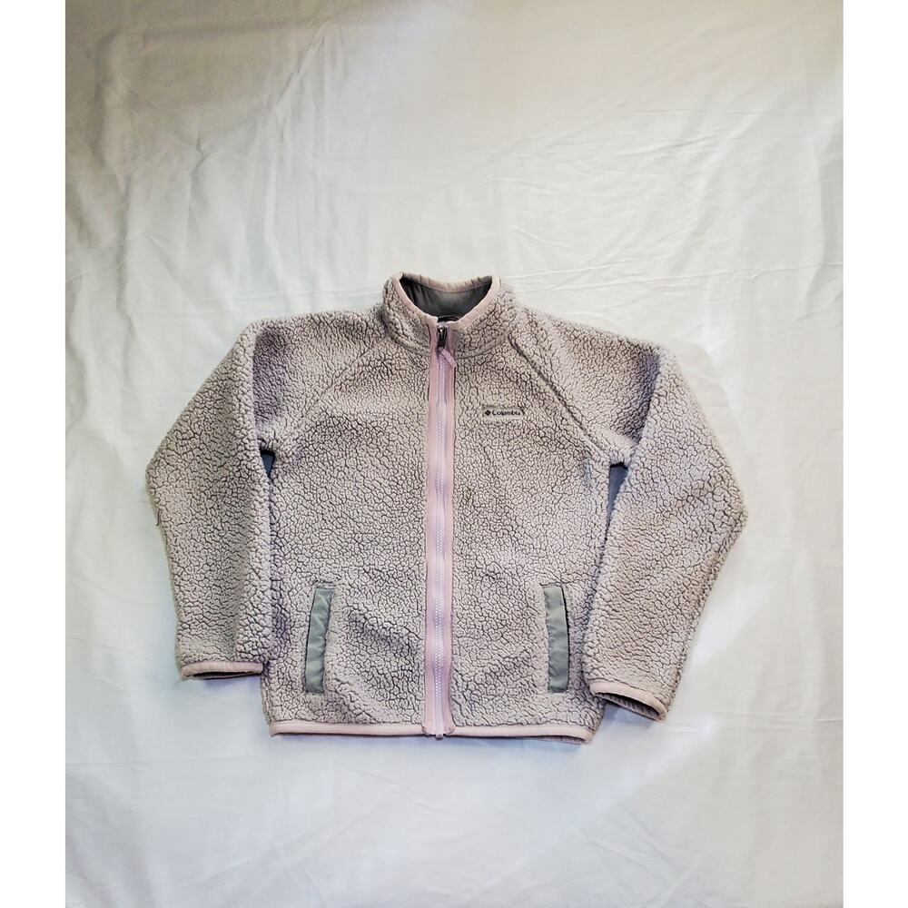 Columbia Size M 10/12 Full-zip Fleece Jacket Sweater Youth Kids Grey Pink Ca10